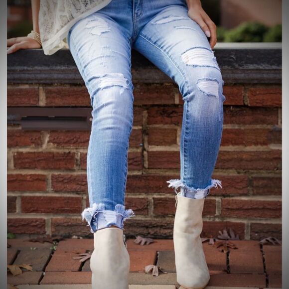 Medium Wash Mid Rise Distressed Jeans - Picture 3 of 14